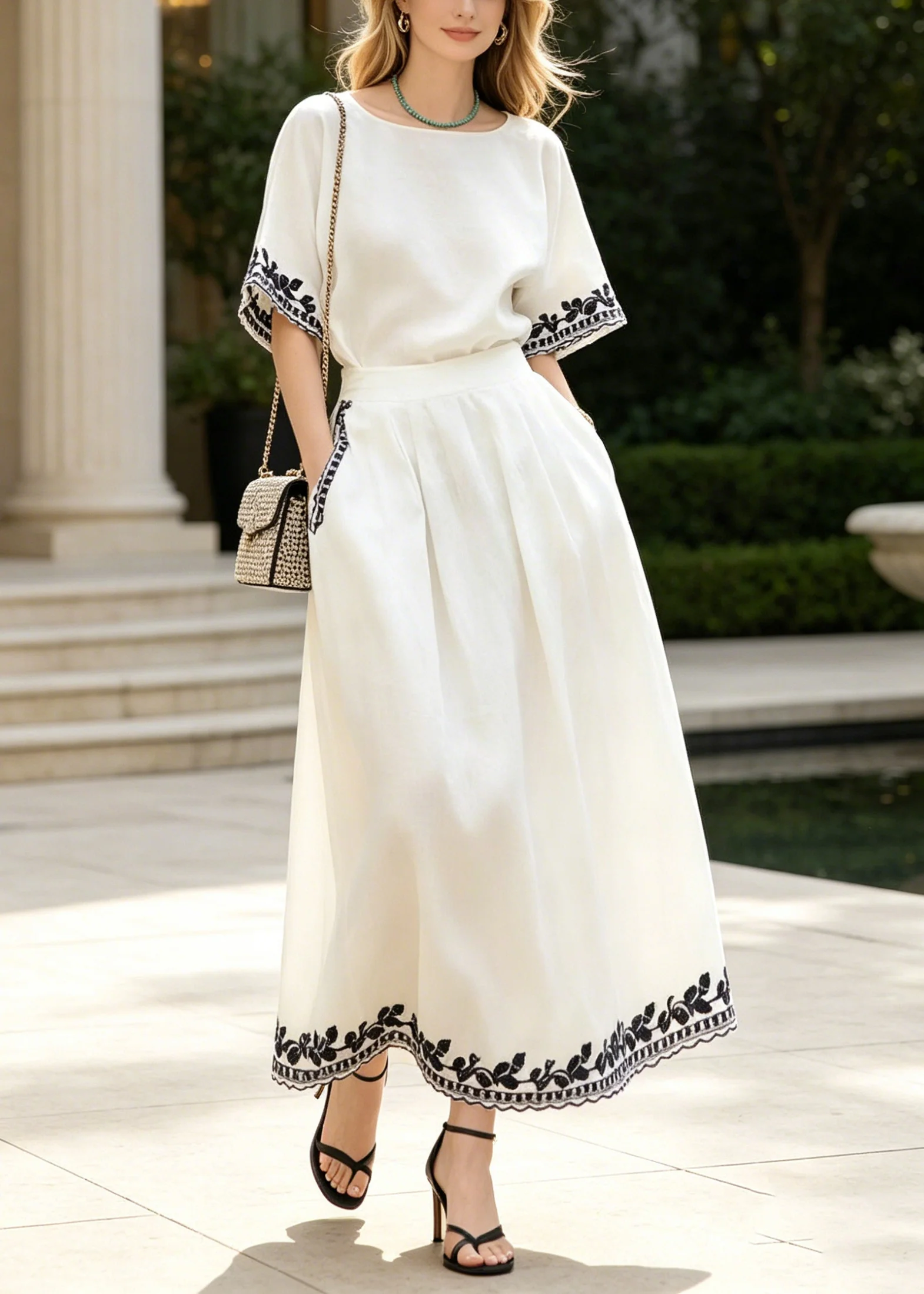 Casual White Embroidered Linen Two Piece Set Summer - Image 5