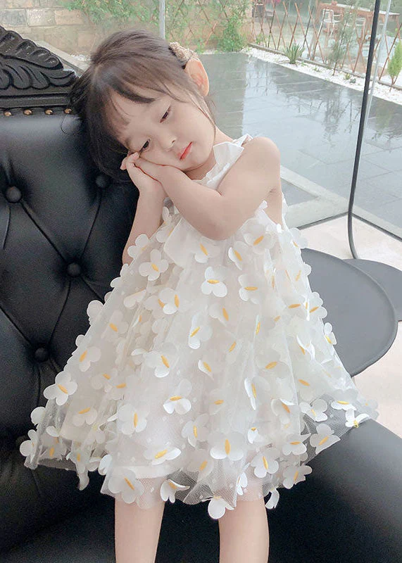 Casual White Floral Decorated Patchwork Tulle Baby Girls Dress Summer - Image 2