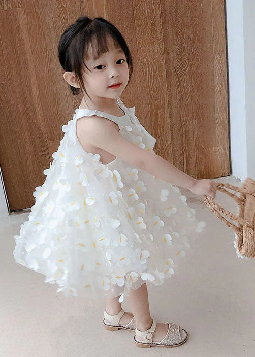 Casual White Floral Decorated Patchwork Tulle Baby Girls Dress Summer - Image 3