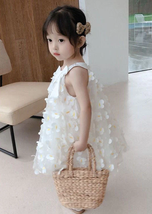 Casual White Floral Decorated Patchwork Tulle Baby Girls Dress Summer - Image 4