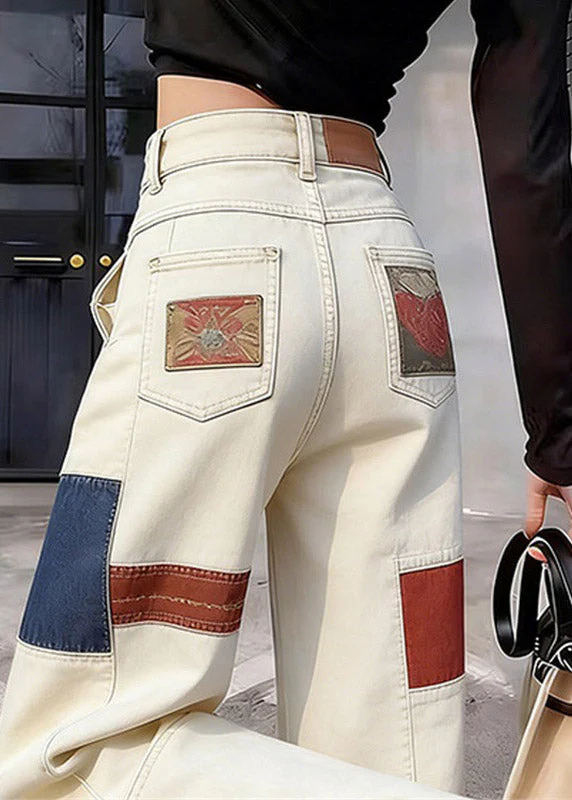 Casual White High Waist Pockets Print Straight Jeans Summer - Image 3