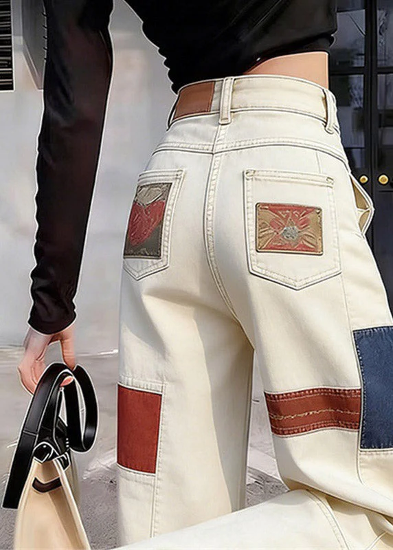 Casual White High Waist Pockets Print Straight Jeans Summer - Image 4