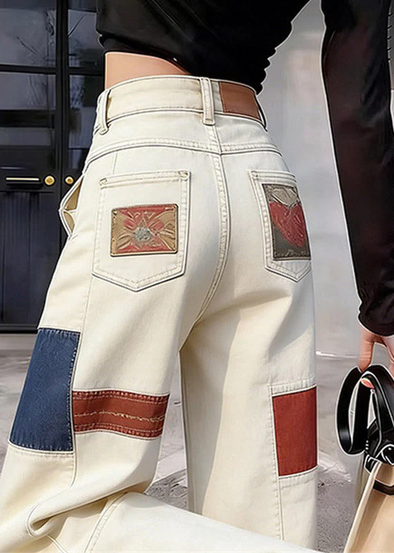 Casual White High Waist Pockets Print Straight Jeans Summer - Image 5