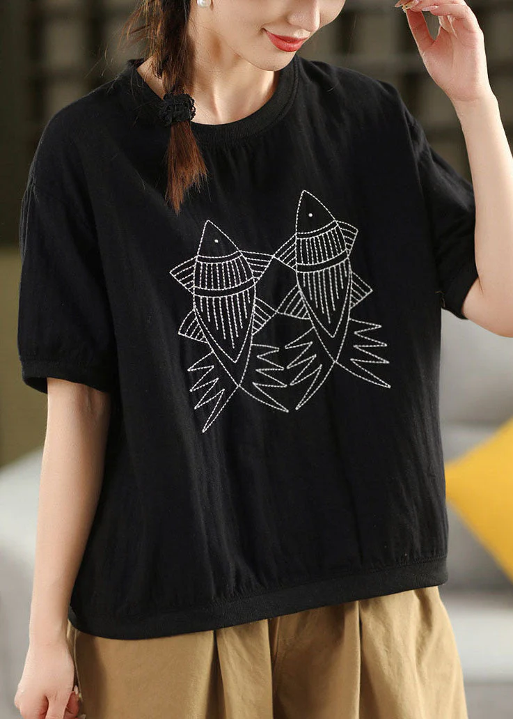 Casual White O Neck Embroidered Loose Linen T Shirts Summer - Image 3