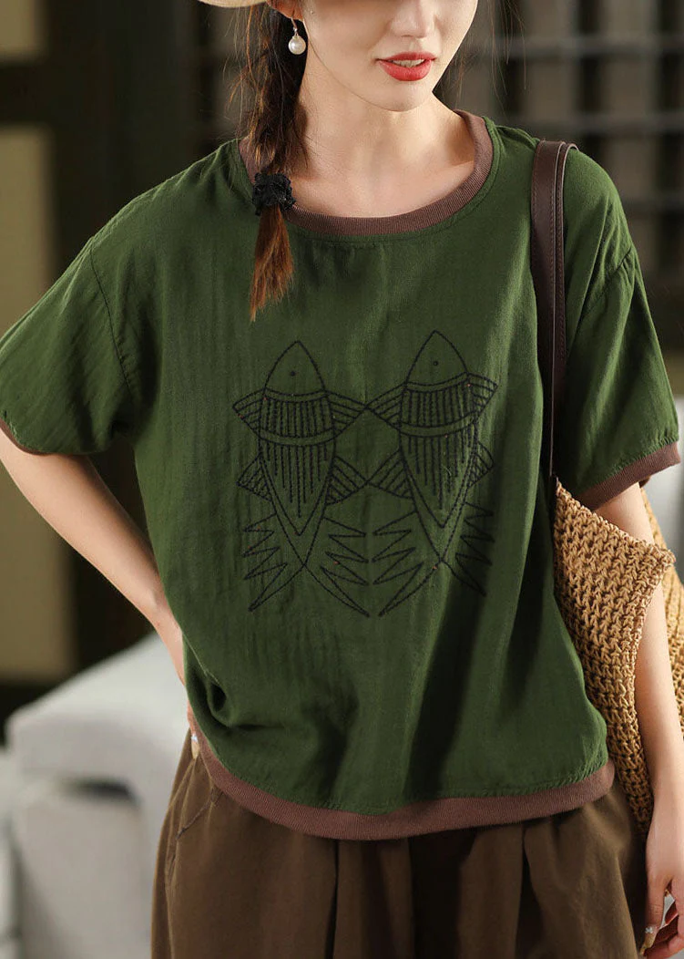 Casual White O Neck Embroidered Loose Linen T Shirts Summer - Image 5
