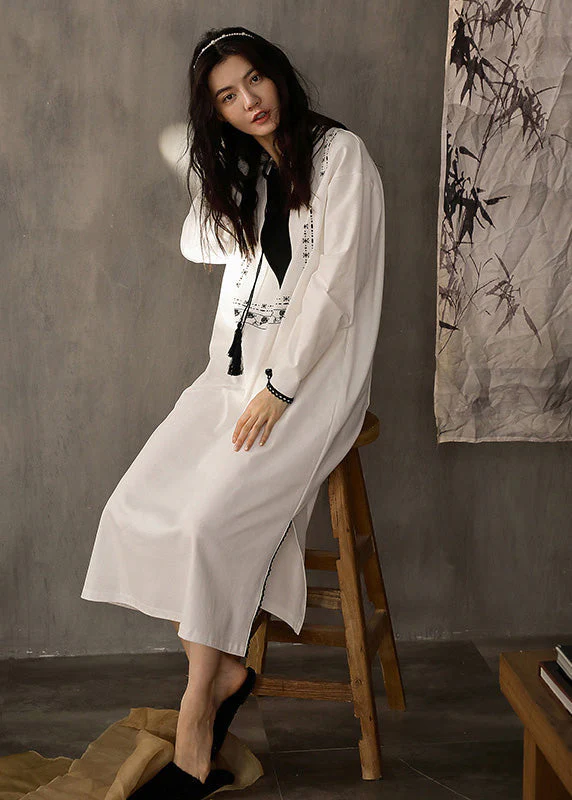 Casual White O-Neck Print Side Open Cotton Long Dress Spring - Image 2
