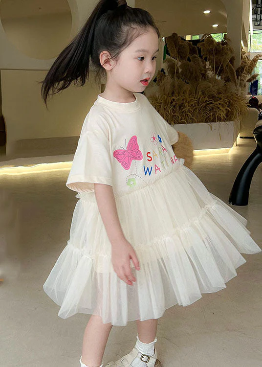 Casual White O Neck Ruffled Patchwork Tulle Kids Girls Dresses Summer - Image 2