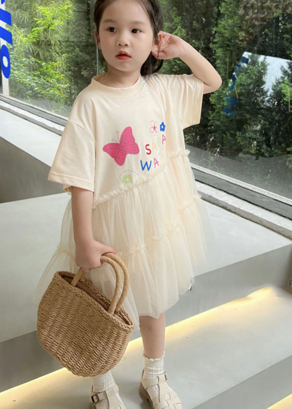 Casual White O Neck Ruffled Patchwork Tulle Kids Girls Dresses Summer - Image 3