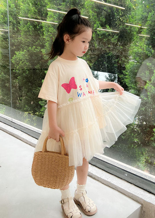 Casual White O Neck Ruffled Patchwork Tulle Kids Girls Dresses Summer - Image 4