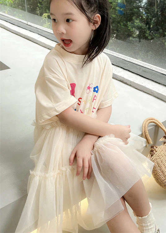 Casual White O Neck Ruffled Patchwork Tulle Kids Girls Dresses Summer - Image 5