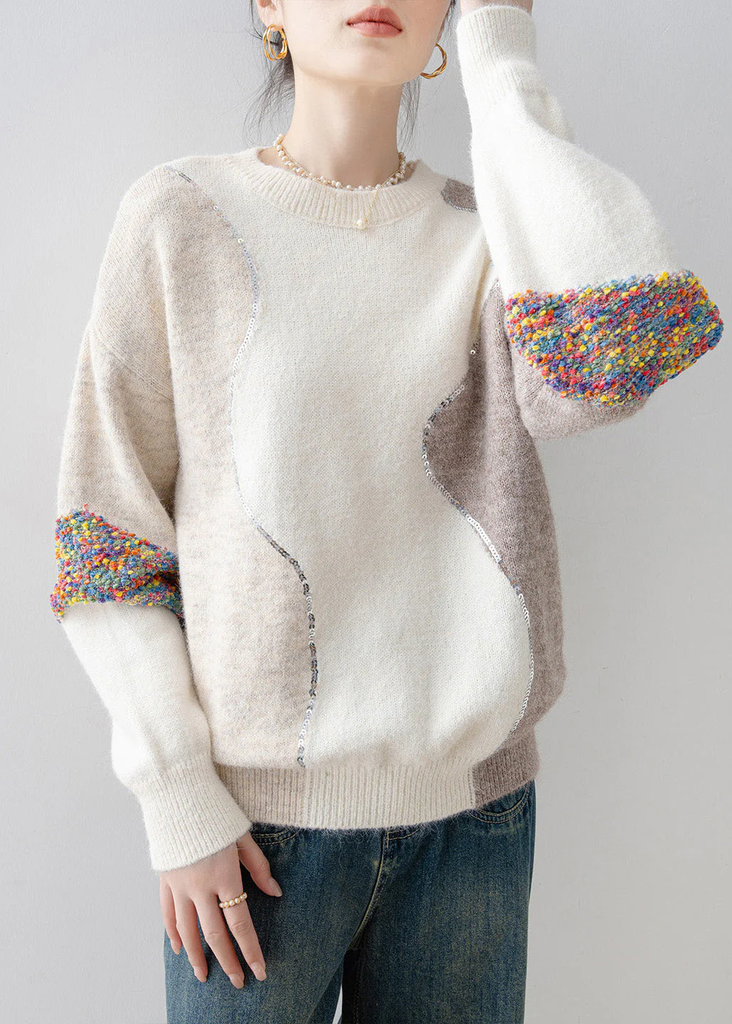 Casual White O Neck Sequins Patchwork Knit Sweaters Spring - Image 3