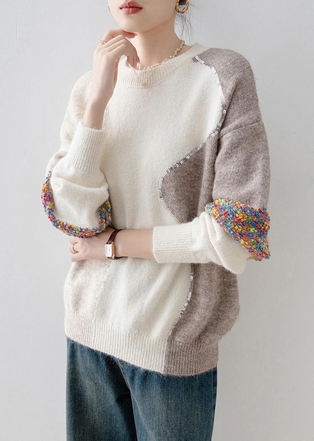 Casual White O Neck Sequins Patchwork Knit Sweaters Spring - Image 4