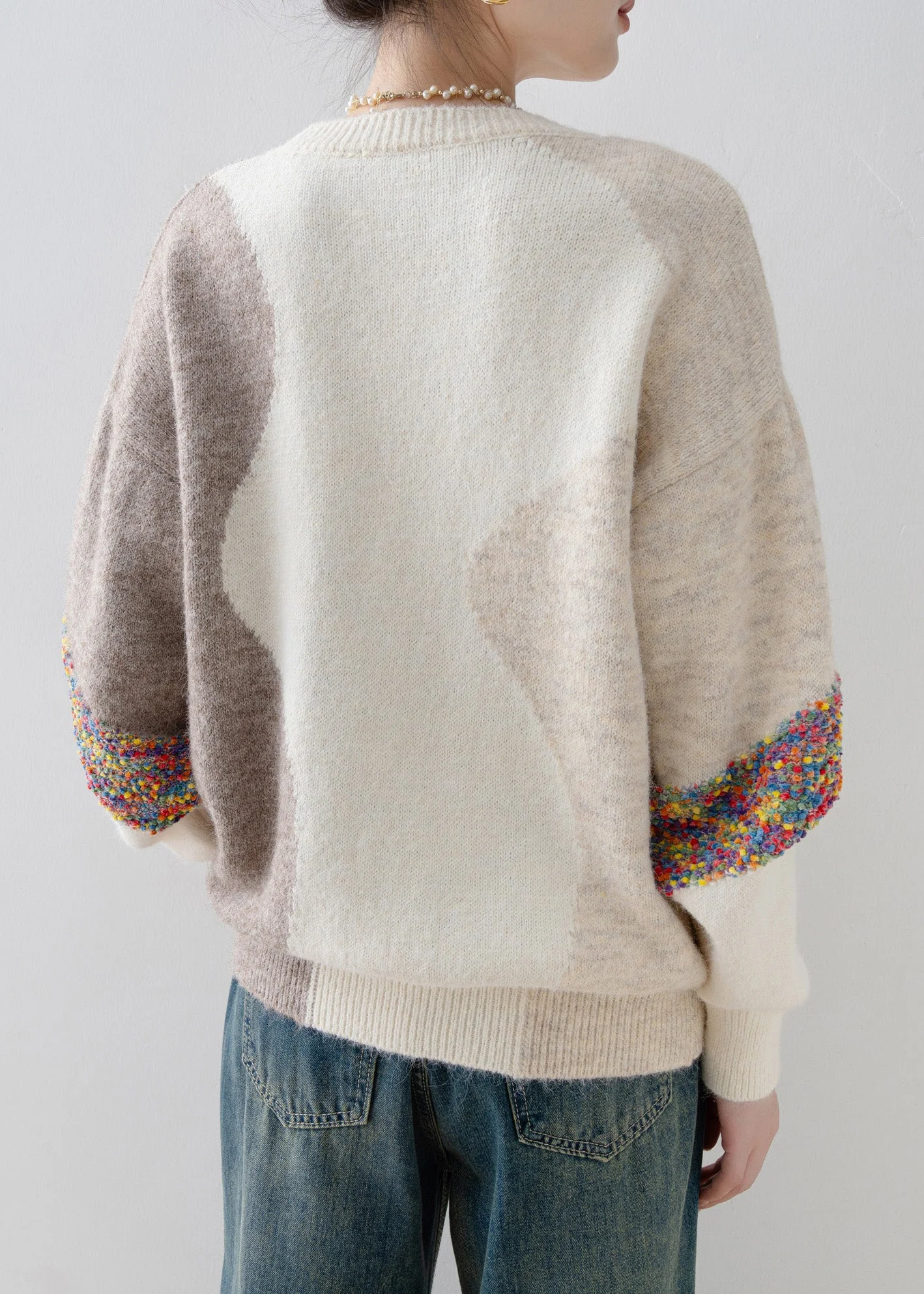 Casual White O Neck Sequins Patchwork Knit Sweaters Spring - Image 5