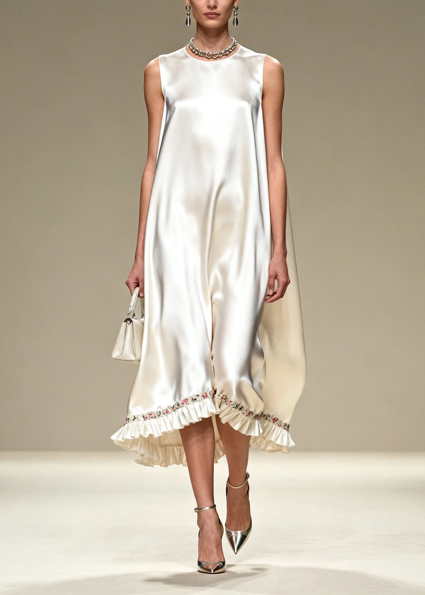 Casual White Oversized Draping Silk Dress Sleeveless - Image 3