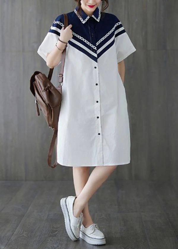 Casual White Patchwork long shirts Summer Cotton Dress - Image 2