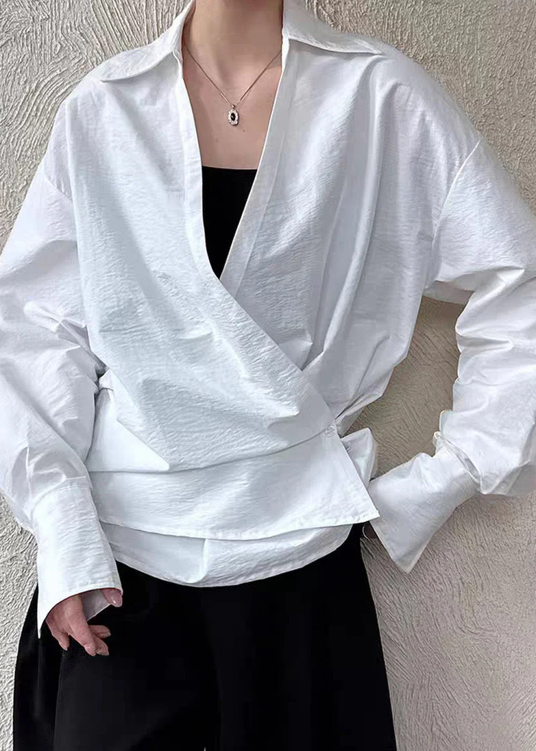 Casual White Peter Pan Collar Shirt Lantern Sleeve - Image 3
