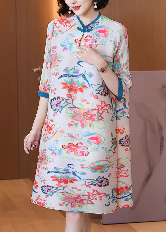 Casual White Stand Collar Print Button Wrinkled Long Dresses Half Sleeve - Image 2