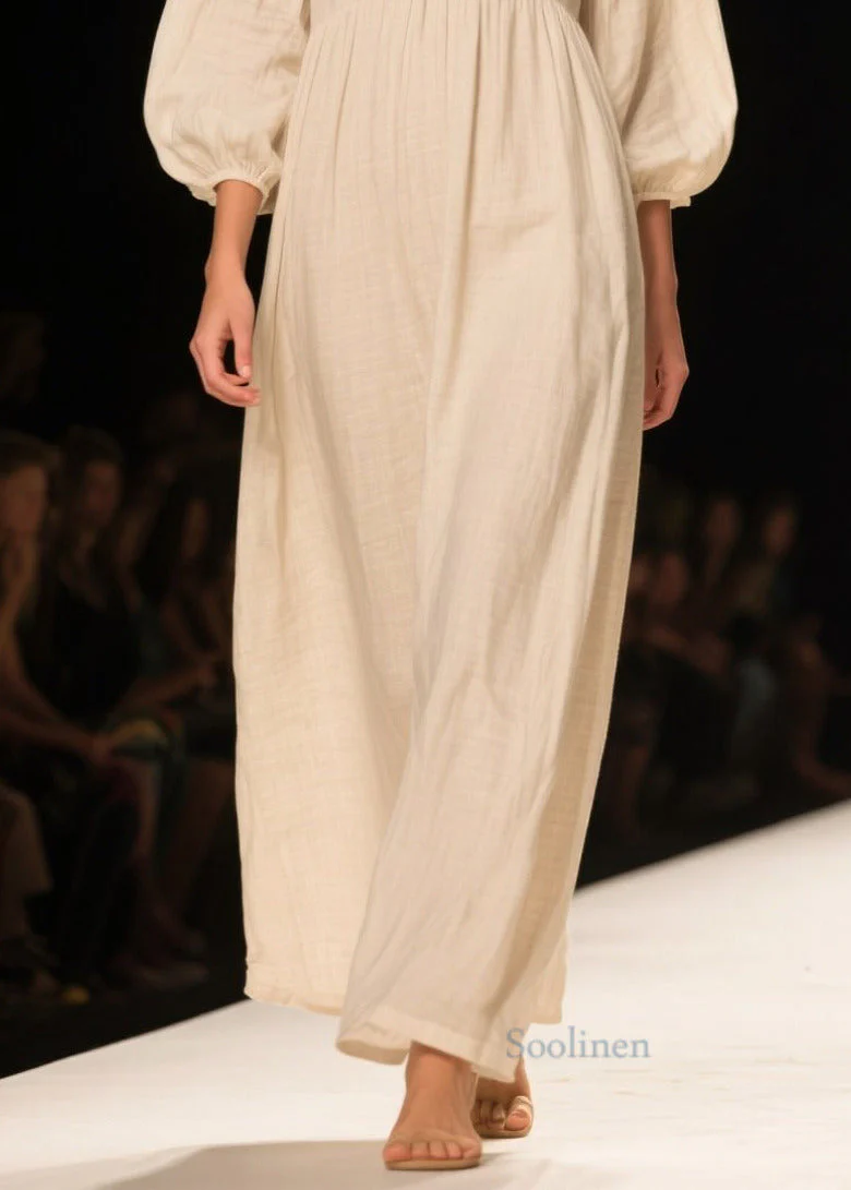 Casual White V Neck Patchwork Linen Maxi Dresses Bracelet Sleeve - Image 4