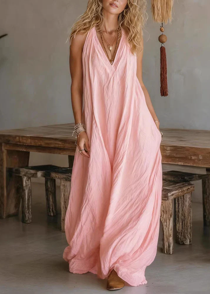 Casual White V Neck Pockets Cotton Long Dress Sleeveless - Image 3