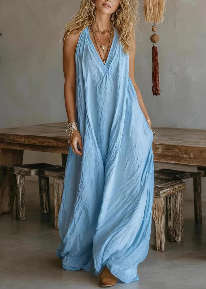 Casual White V Neck Pockets Cotton Long Dress Sleeveless - Image 4