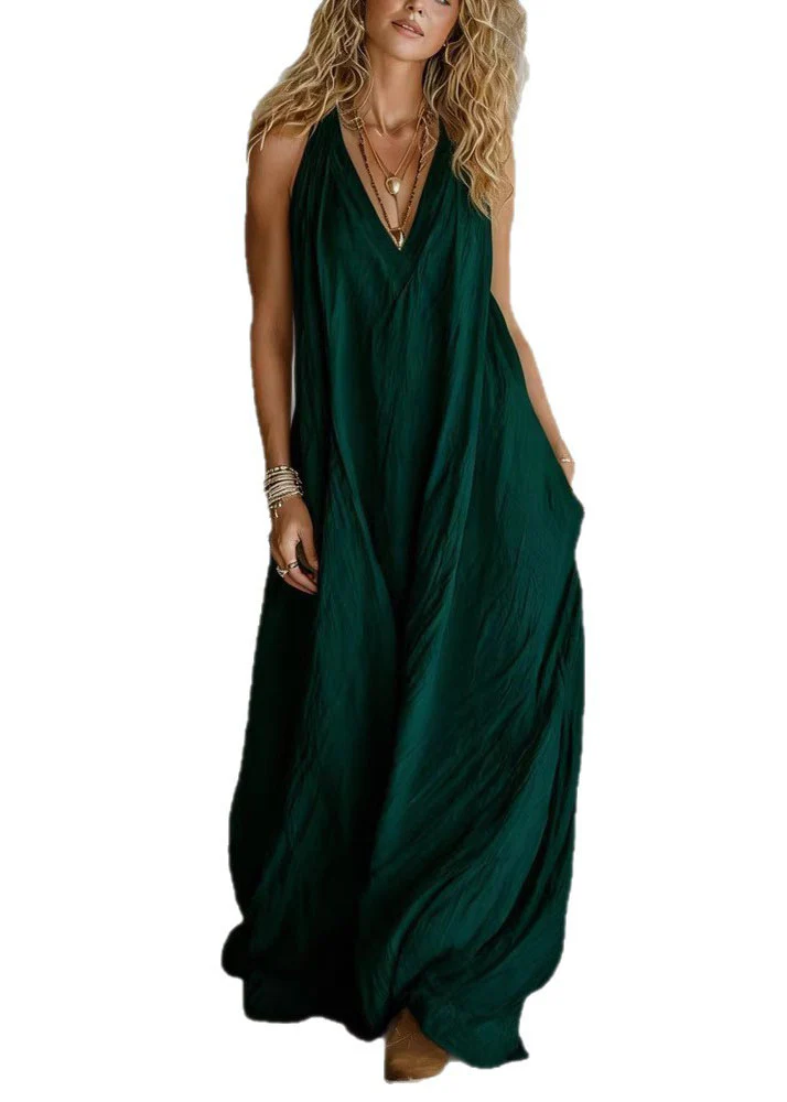 Casual White V Neck Pockets Cotton Long Dress Sleeveless - Image 5