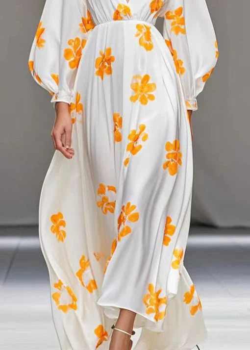 Casual White V Neck Print Silk Vacation Dresses Spring - Image 4