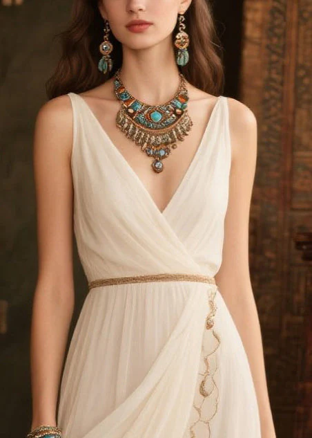 Casual White V Neck Side Open Tulle Beach Dresses Summer - Image 2