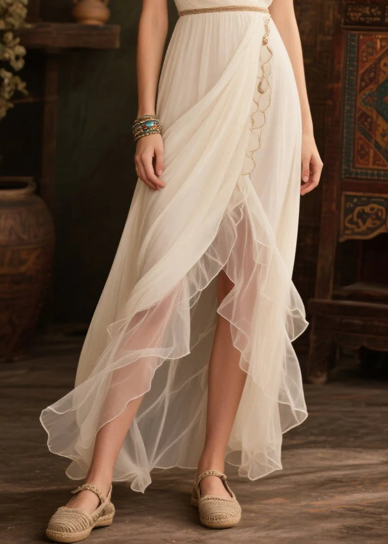 Casual White V Neck Side Open Tulle Beach Dresses Summer - Image 4