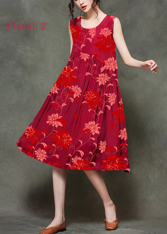 Casual Wine Red-floral patchwork1 O-Neck Wrinkled Long Dresses Sleeveless - Image 3