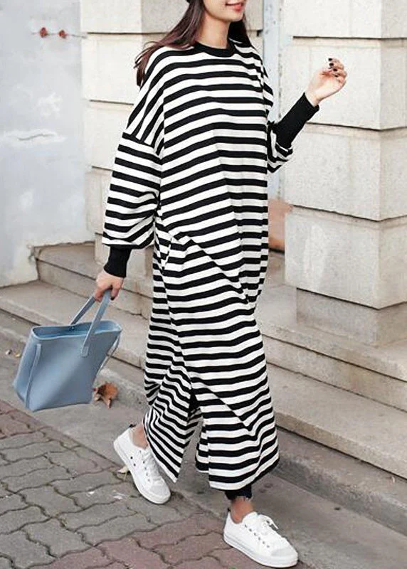Casual Women Crew Neck Batwing Sleeve Striped Black Long Sweatshirt Dress - Image 3