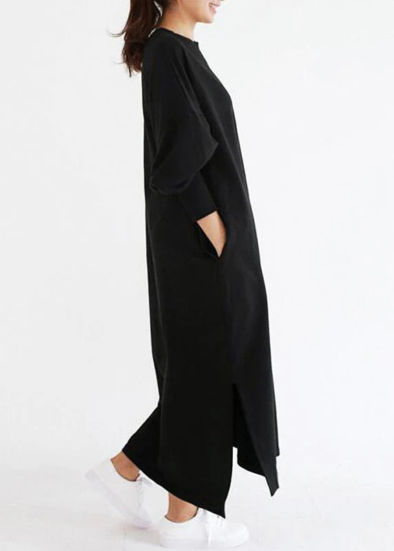 Casual Women Crew Neck Batwing Sleeve Striped Black Long Sweatshirt Dress - Image 4