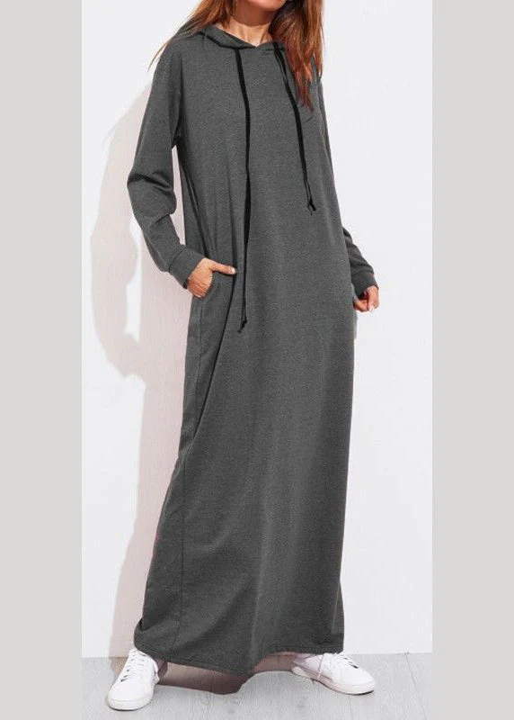 Casual Women Solid Color Full Sleeve Long Hooded Sweatshirt Dress Dark Gray - Image 5