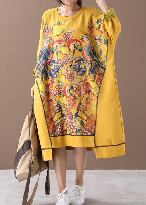 Casual Yellow Asymmetrical Print Cotton Loose Sweatshirt dress Winter - Image 2
