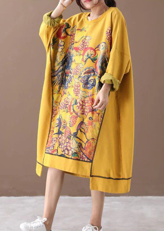 Casual Yellow Asymmetrical Print Cotton Loose Sweatshirt dress Winter - Image 3