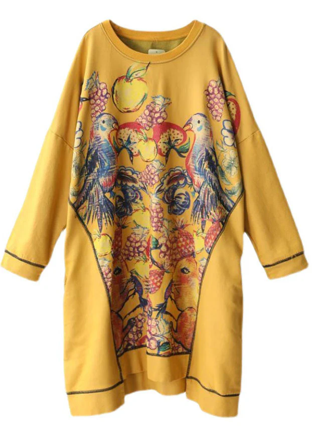 Casual Yellow Asymmetrical Print Cotton Loose Sweatshirt dress Winter - Image 5