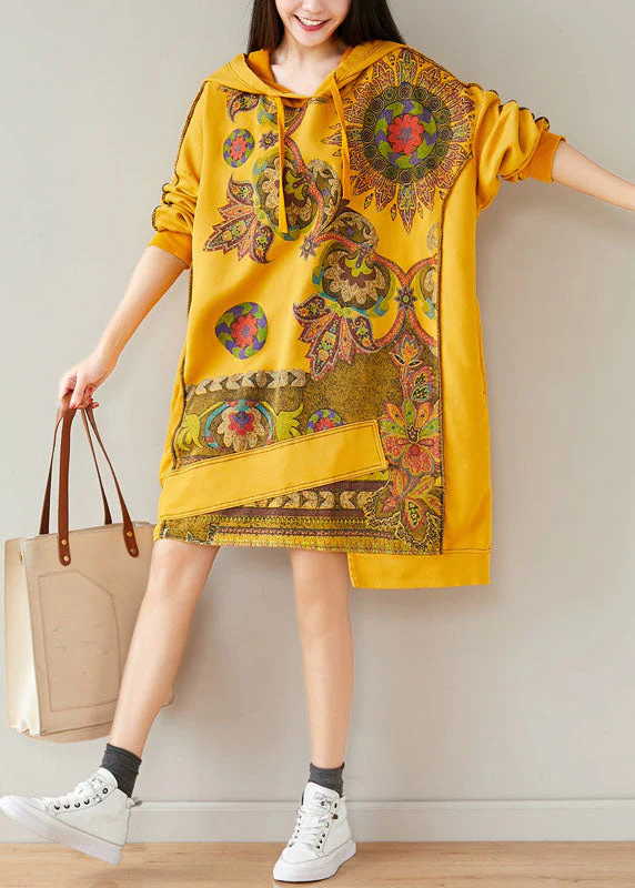 Casual Yellow drawstring Hooded Sweatshirts dresses Spring - Image 2