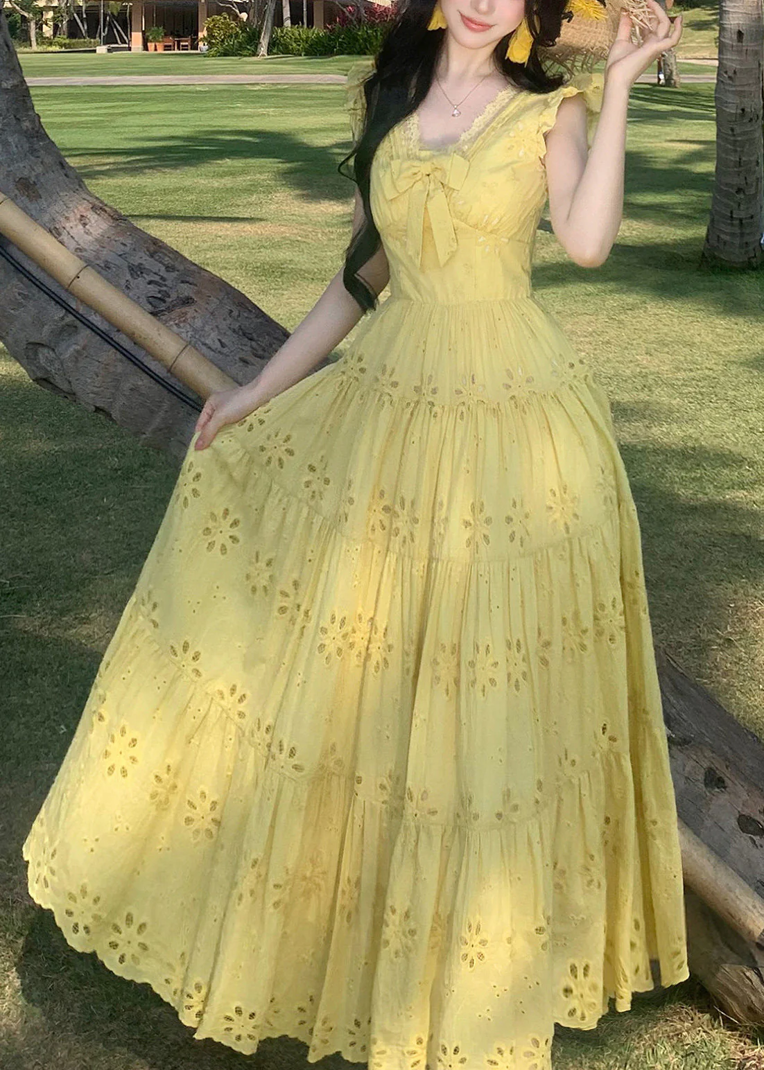 Casual Yellow Embroidered Exra Large Hem Chiffon Holiday Dress Summer - Image 2