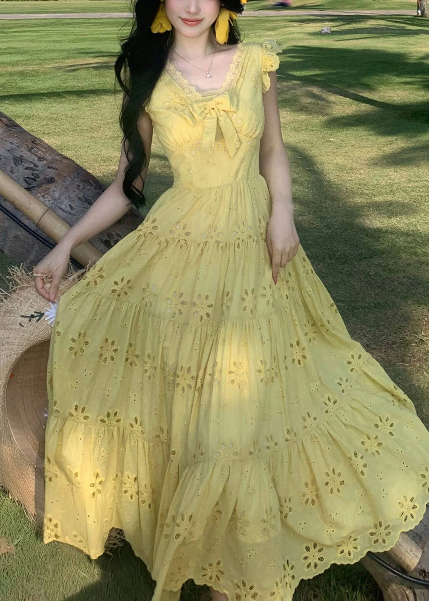 Casual Yellow Embroidered Exra Large Hem Chiffon Holiday Dress Summer - Image 3