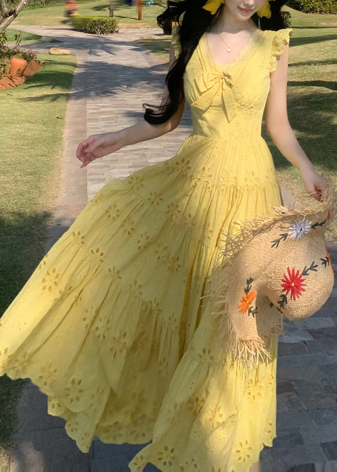 Casual Yellow Embroidered Exra Large Hem Chiffon Holiday Dress Summer - Image 4