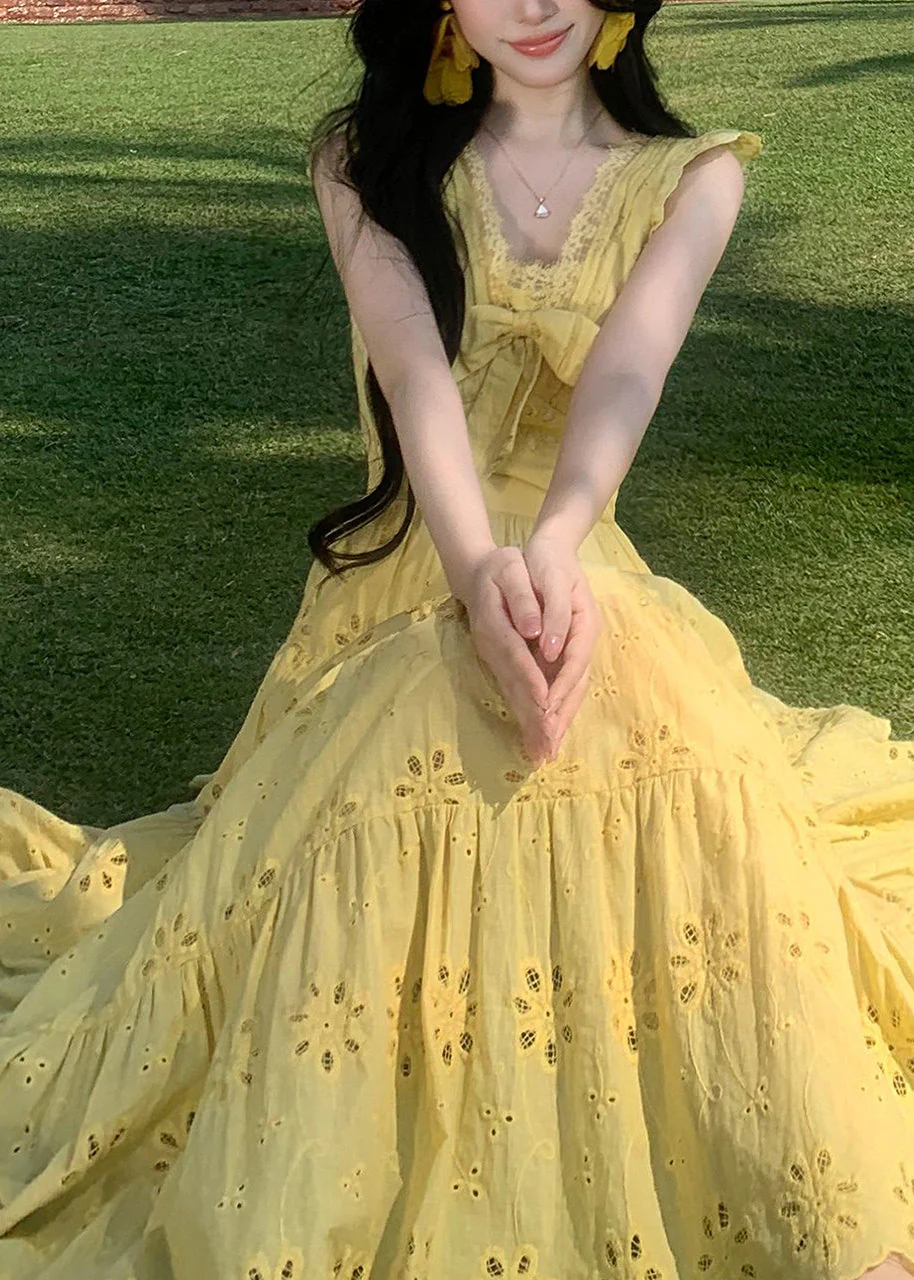 Casual Yellow Embroidered Exra Large Hem Chiffon Holiday Dress Summer - Image 5