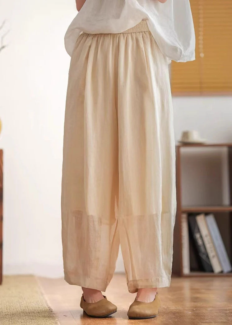 Casual Yellow Green Pockets Elastic Waist Linen Crop Pants Summer - Image 2