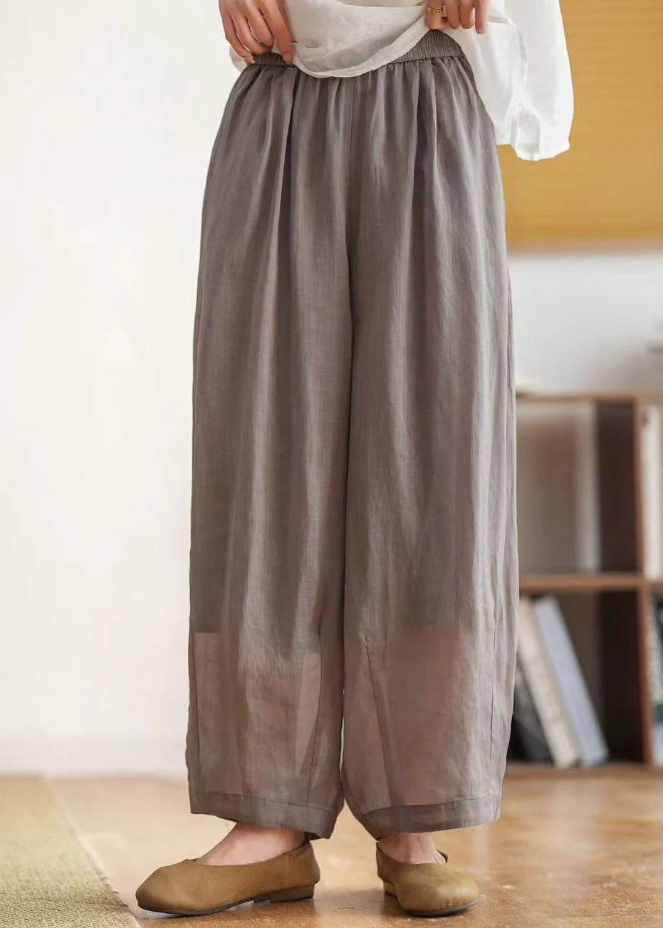 Casual Yellow Green Pockets Elastic Waist Linen Crop Pants Summer - Image 3