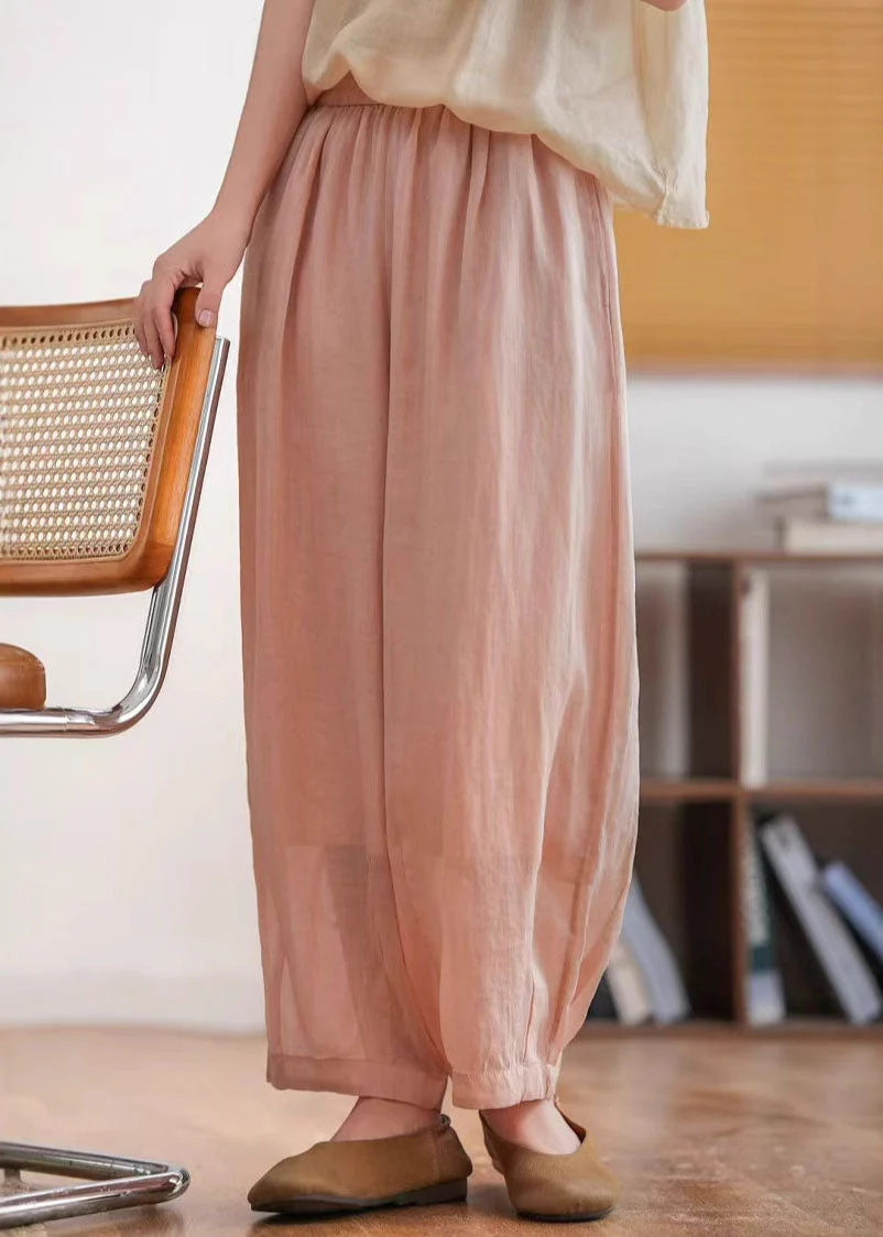 Casual Yellow Green Pockets Elastic Waist Linen Crop Pants Summer - Image 5