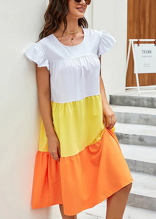 Casual Yellow O Neck Patchwork Cotton Dress Summer - Image 2