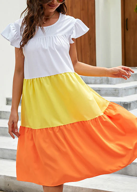 Casual Yellow O Neck Patchwork Cotton Dress Summer - Image 4