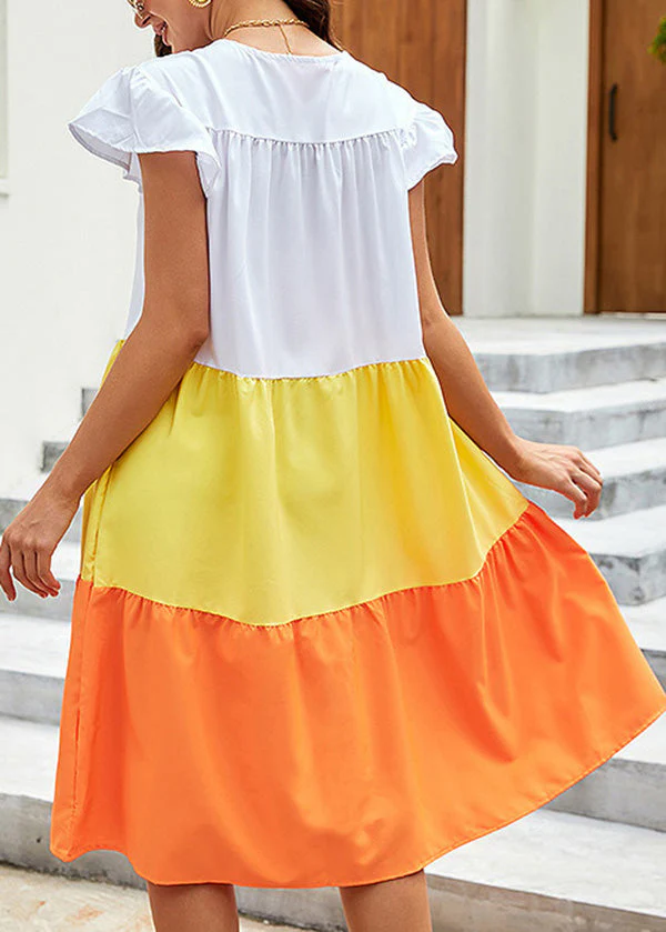 Casual Yellow O Neck Patchwork Cotton Dress Summer - Image 5