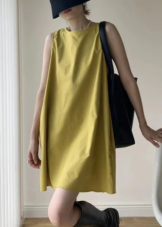 Casual Yellow O Neck Patchwork Cotton Mid Dresses Sleeveless