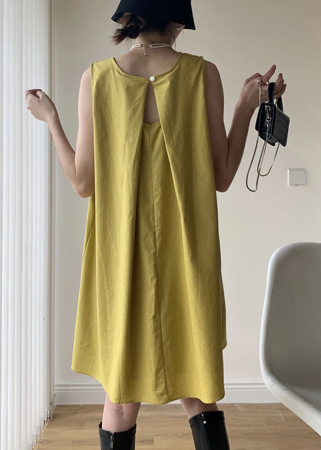Casual Yellow O Neck Patchwork Cotton Mid Dresses Sleeveless - Image 2