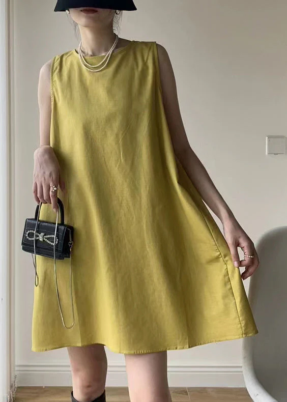 Casual Yellow O Neck Patchwork Cotton Mid Dresses Sleeveless - Image 3