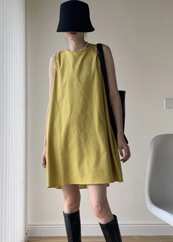 Casual Yellow O Neck Patchwork Cotton Mid Dresses Sleeveless - Image 4